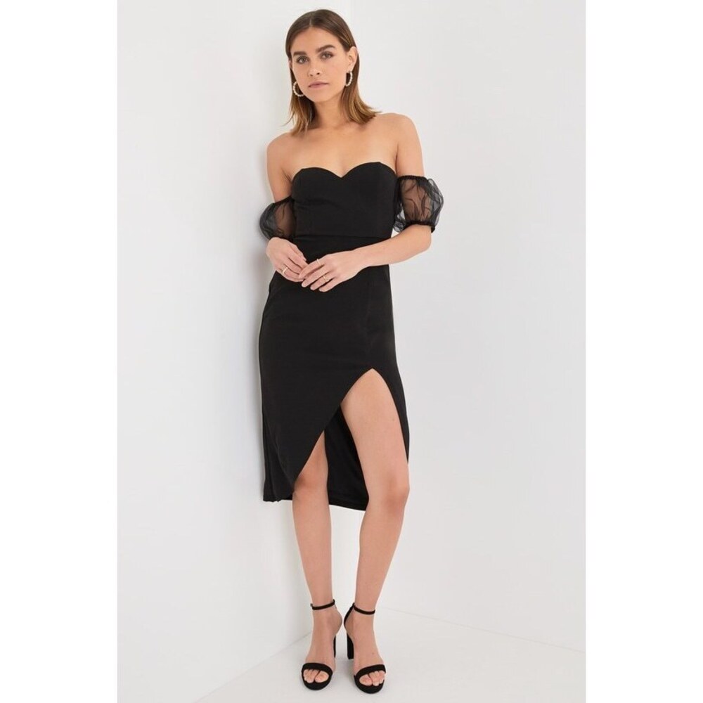 Lulus Sweet Mystique Black Off-the-shoulder Puff Sleeve Midi Dress - Size S